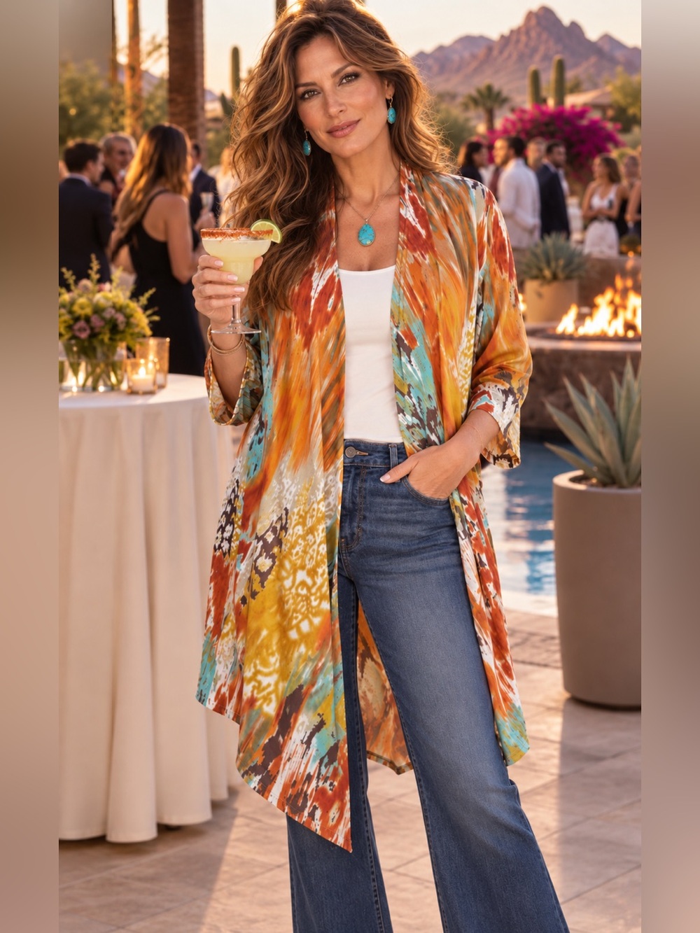 Metro Style M Abstract Watercolor Kimono Shawl Duster Open Front Cotton Spandex